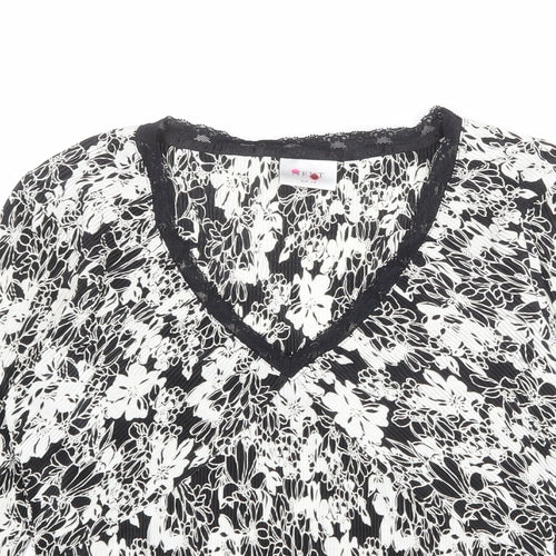 NEXT Womens Black Geometric Polyester Basic T-Shirt Size 14 V-Neck