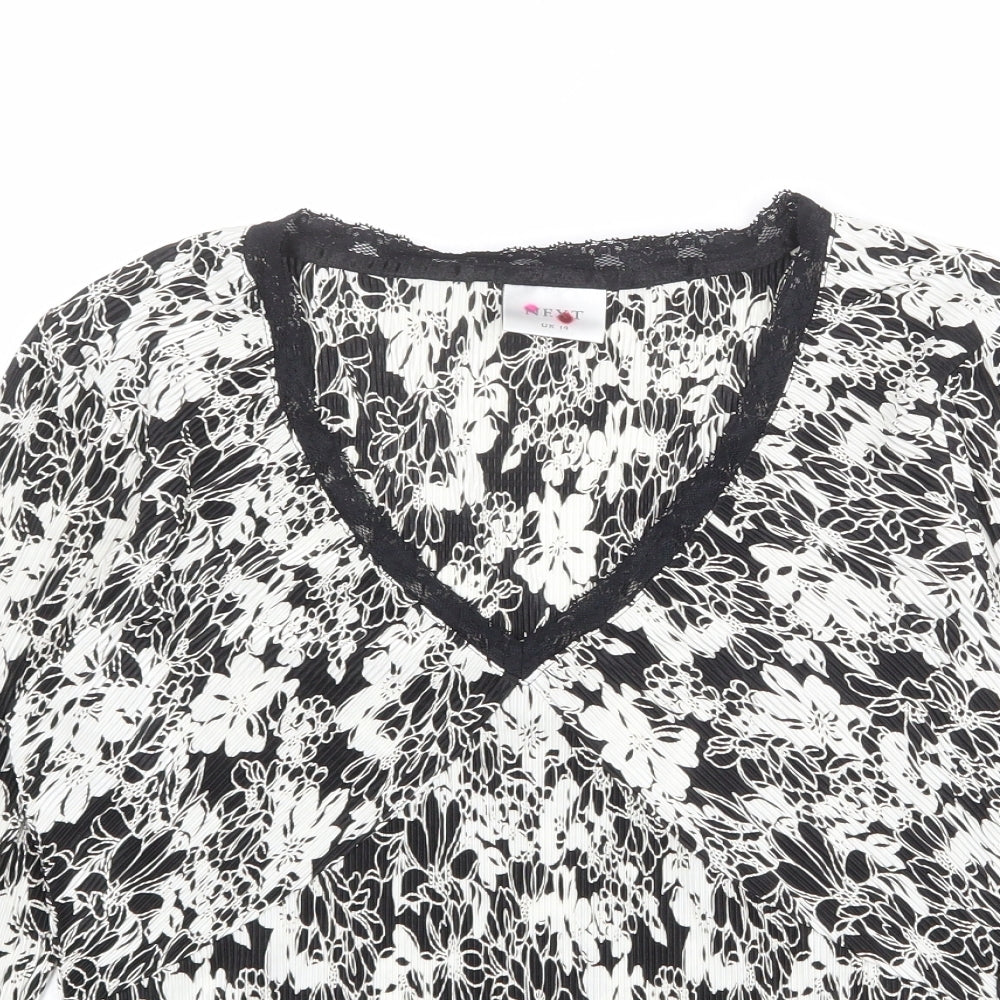 NEXT Womens Black Geometric Polyester Basic T-Shirt Size 14 V-Neck