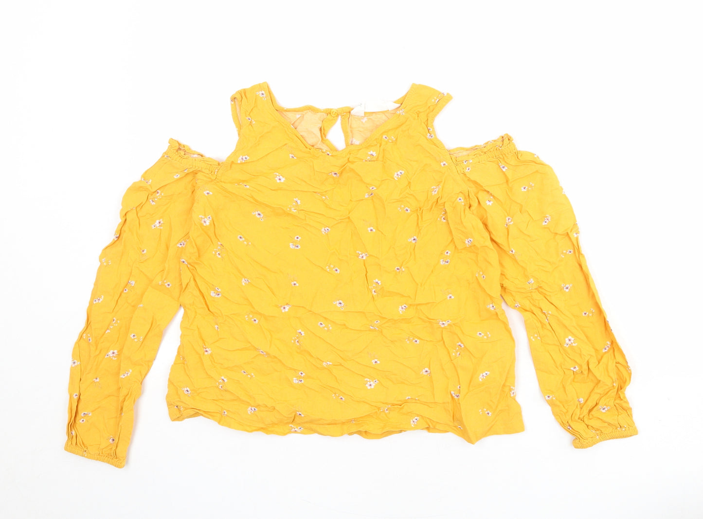 H&M Girls Orange Floral Viscose Basic Blouse Size 14 Years Round Neck Button - Cold Shoulder