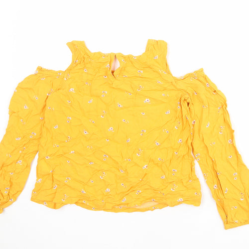 H&M Girls Orange Floral Viscose Basic Blouse Size 14 Years Round Neck Button - Cold Shoulder