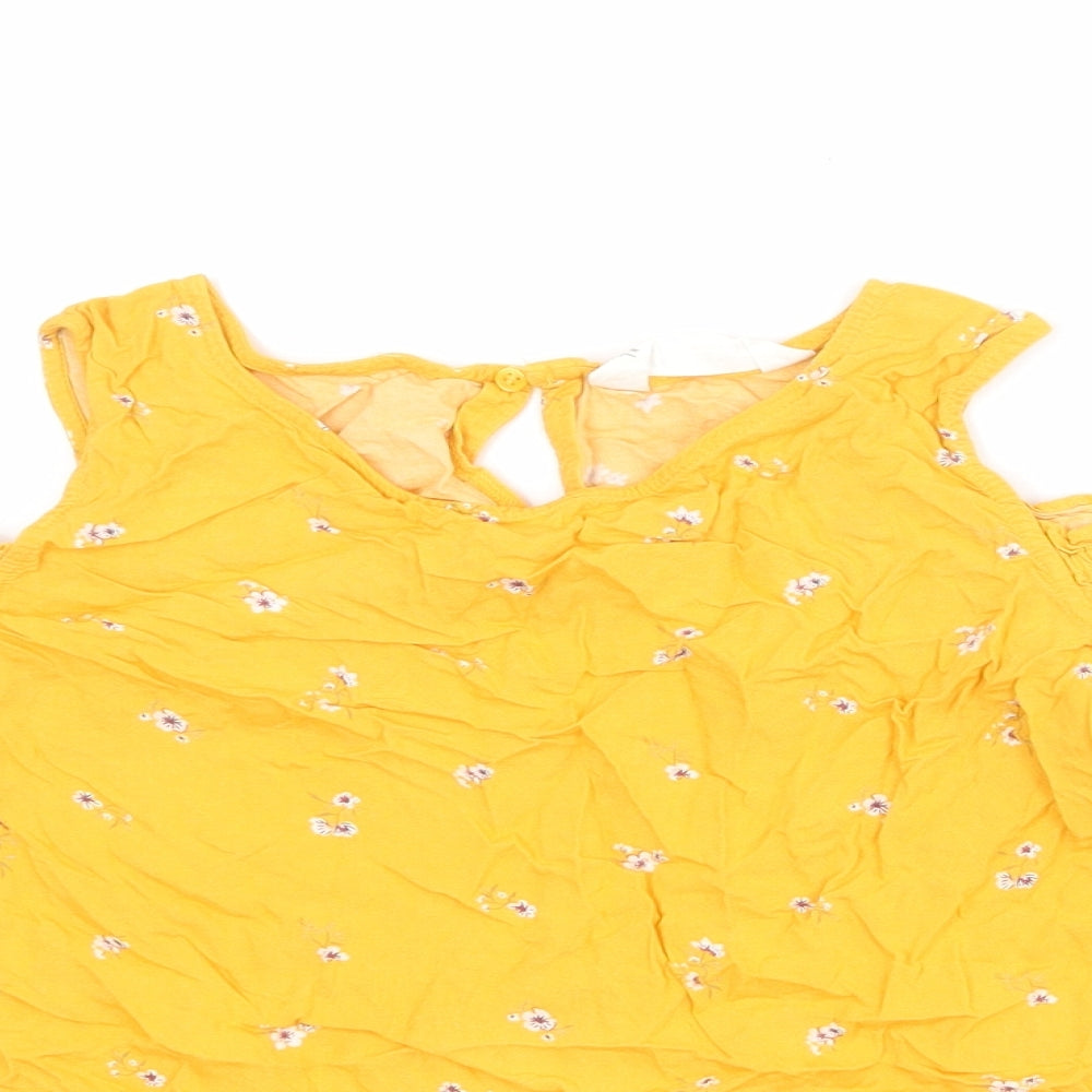 H&M Girls Orange Floral Viscose Basic Blouse Size 14 Years Round Neck Button - Cold Shoulder