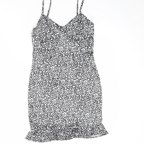 PRETTYLITTLETHING Womens Black Polka Dot Polyester A-Line Size 8 V-Neck Pullover
