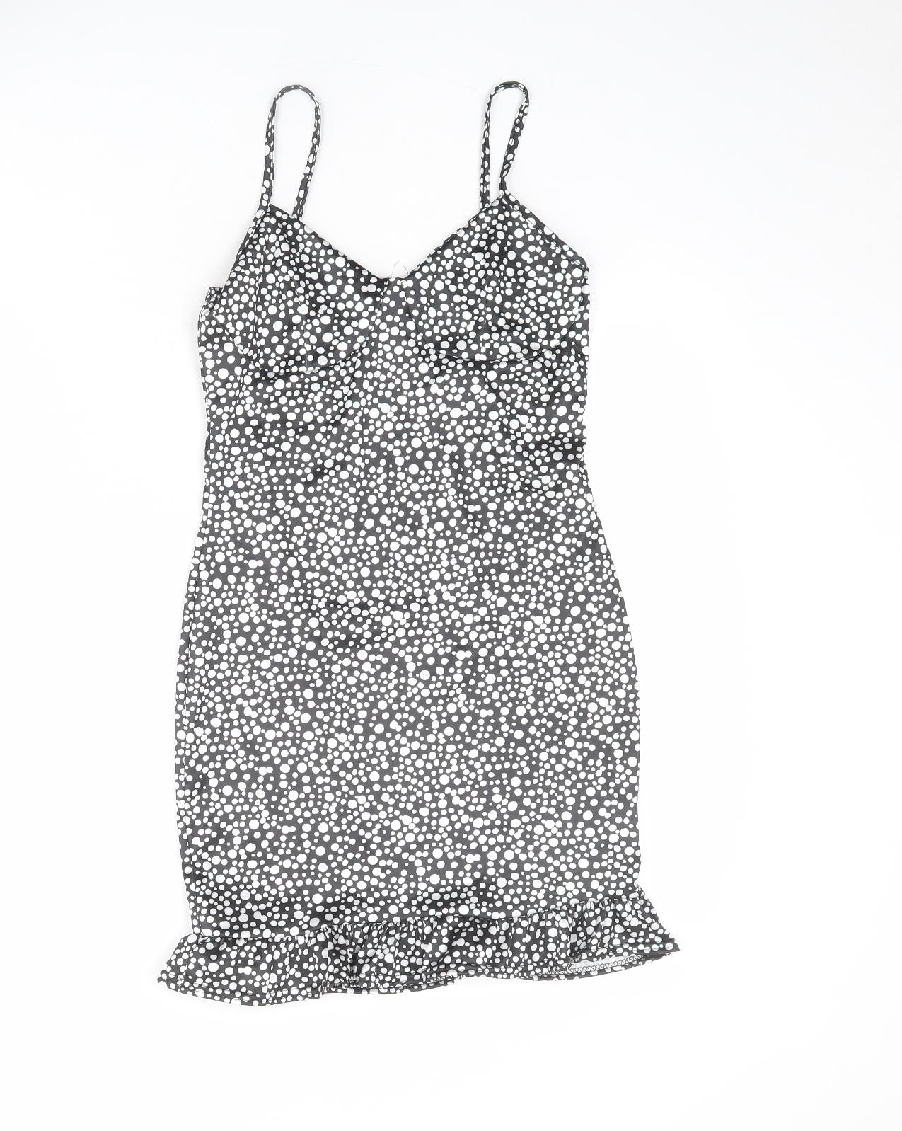 PRETTYLITTLETHING Womens Black Polka Dot Polyester A-Line Size 8 V-Neck Pullover