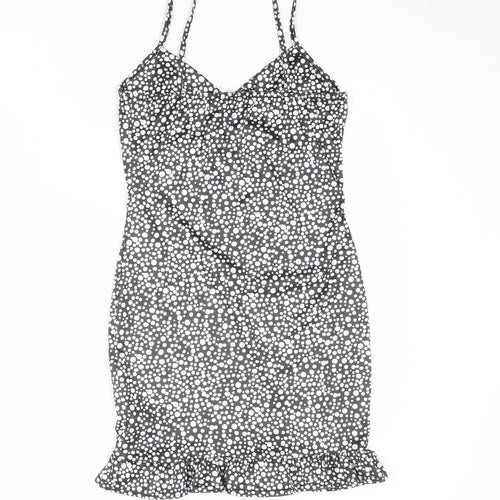 PRETTYLITTLETHING Womens Black Polka Dot Polyester A-Line Size 8 V-Neck Pullover