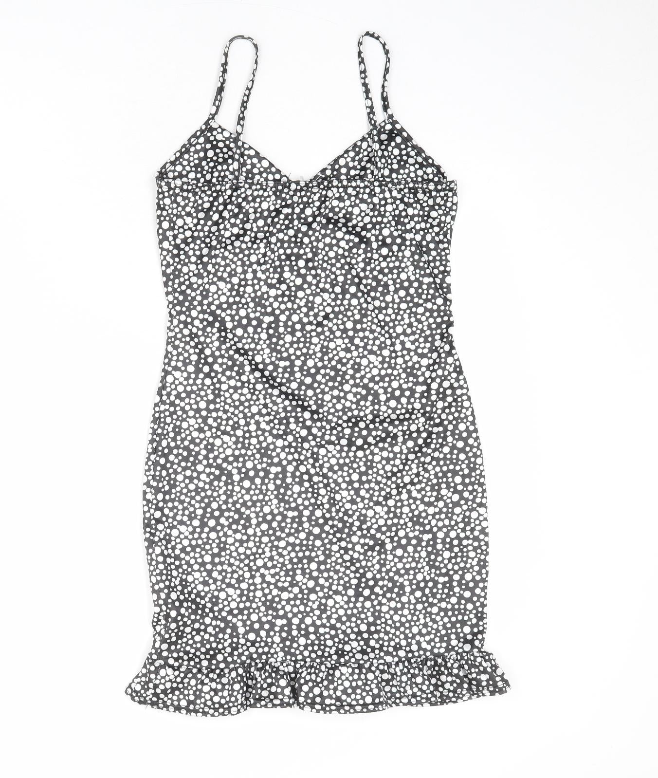 PRETTYLITTLETHING Womens Black Polka Dot Polyester A-Line Size 8 V-Neck Pullover