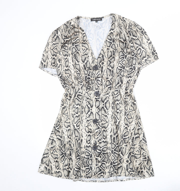 Cameo Rose Womens Beige Animal Print Polyester A-Line Size 10 V-Neck Button - Snake Skin Print