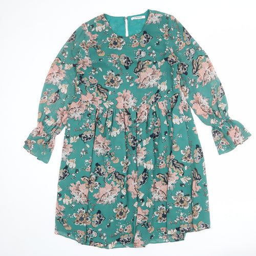 Glamorous Womens Green Floral Polyester A-Line Size M Round Neck Zip