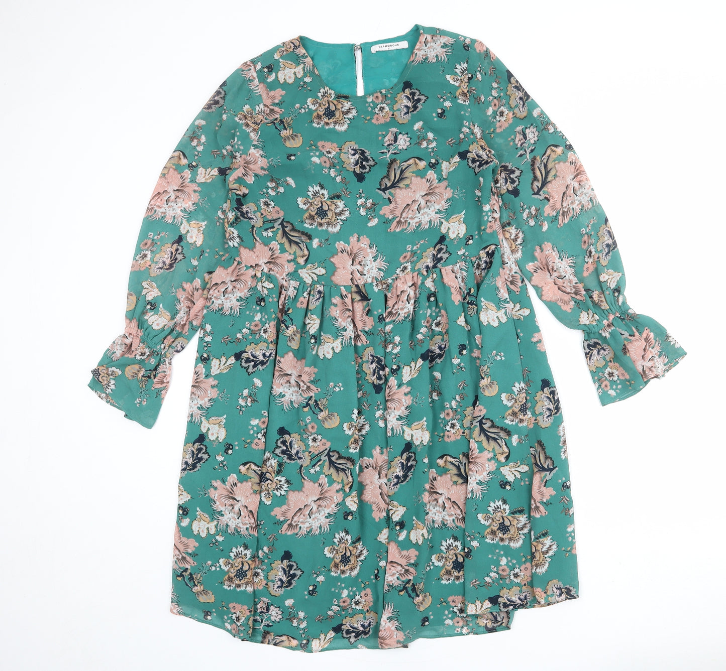 Glamorous Womens Green Floral Polyester A-Line Size M Round Neck Zip