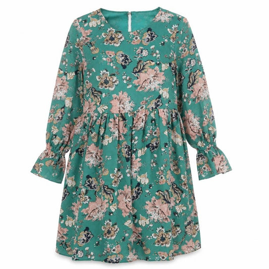Front view of Glamorous women’s green floral polyester a-line, size M, round neck zip