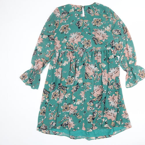 Glamorous Womens Green Floral Polyester A-Line Size M Round Neck Zip