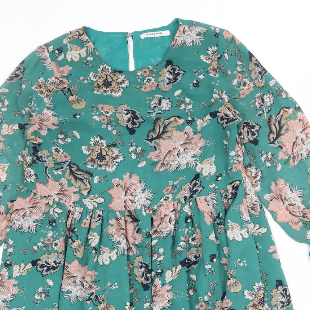 Glamorous Womens Green Floral Polyester A-Line Size M Round Neck Zip
