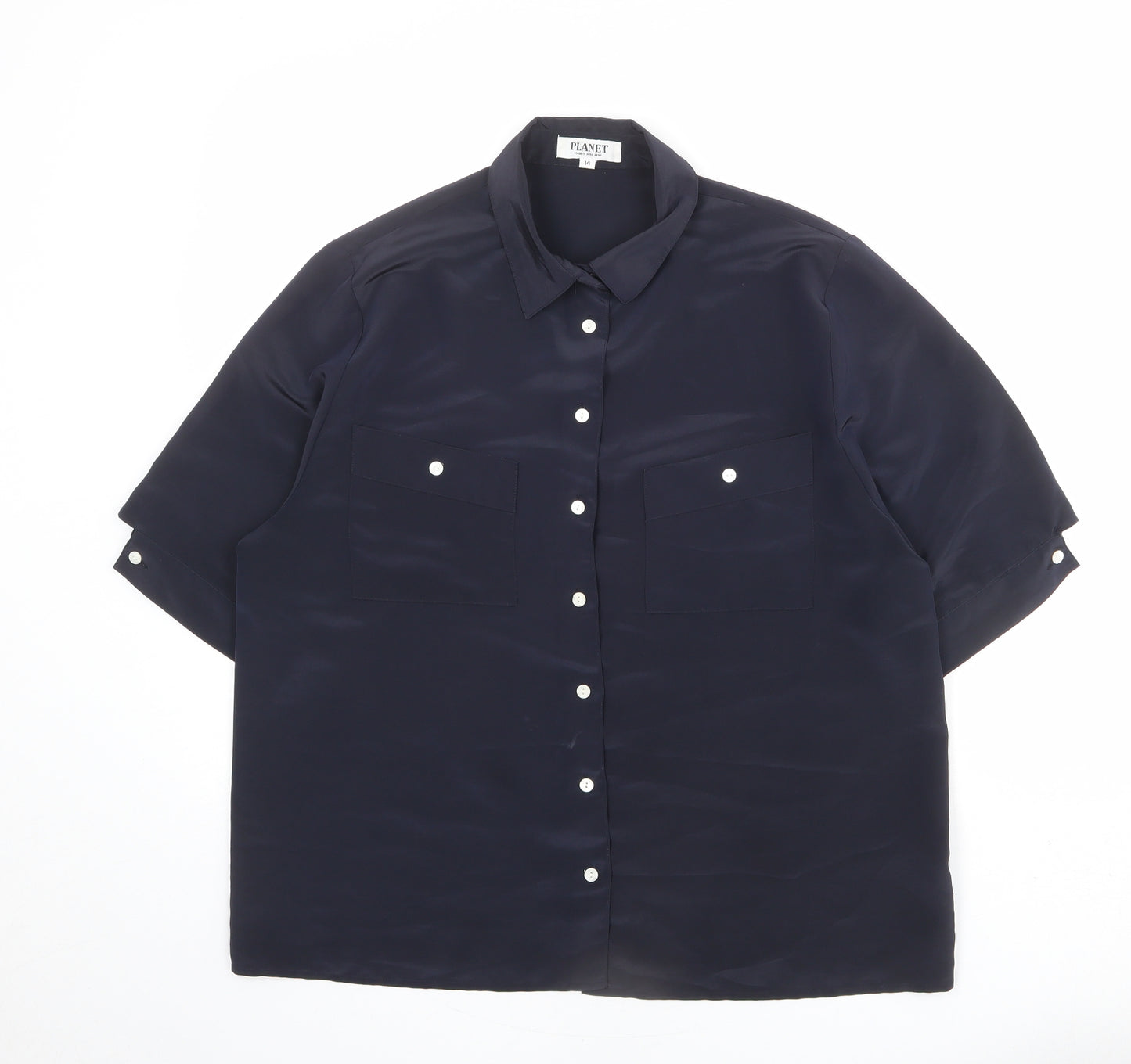 Planet Womens Blue Polyester Basic Button-Up Size 14 Collared