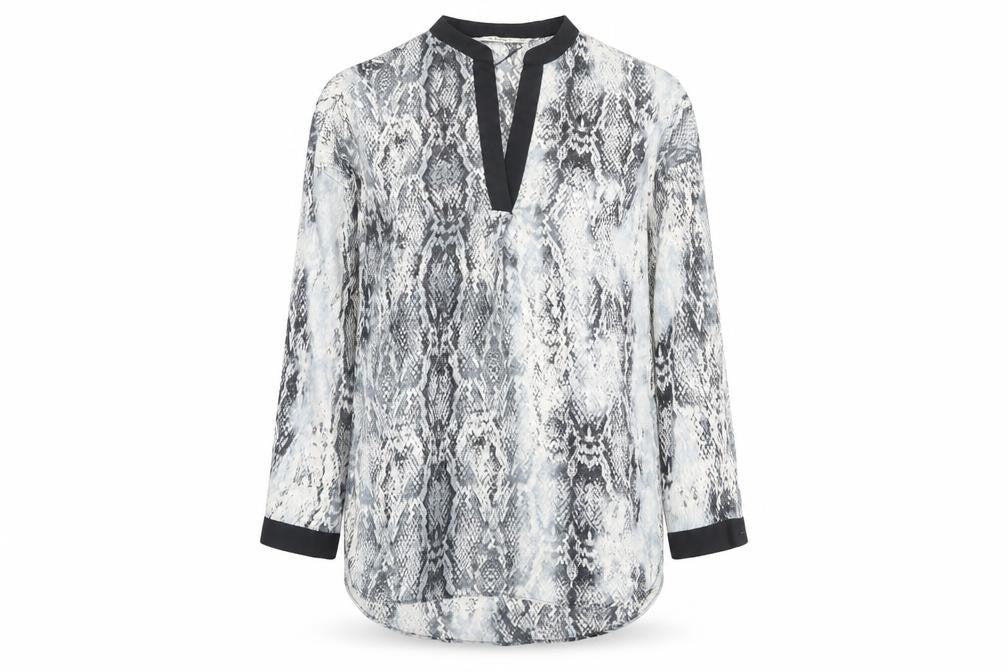 Front view of Zara women’s multicoloured animal print polyester basic blouse, size S, v-neck - snake print