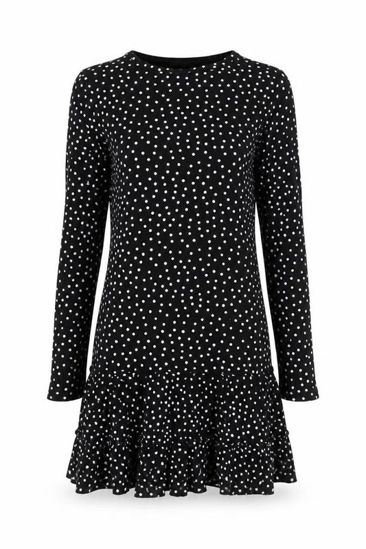 Front view of Wednesday's Girl women’s black polka dot viscose a-line, size XS, round neck pullover