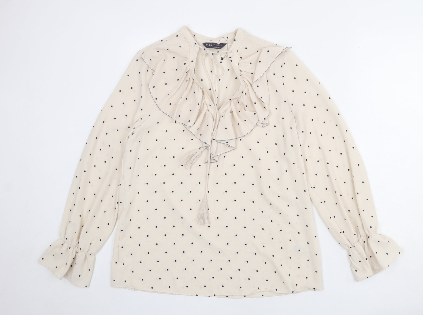 Marks and Spencer Womens Beige Polka Dot Polyester Basic Blouse Size 12 V-Neck