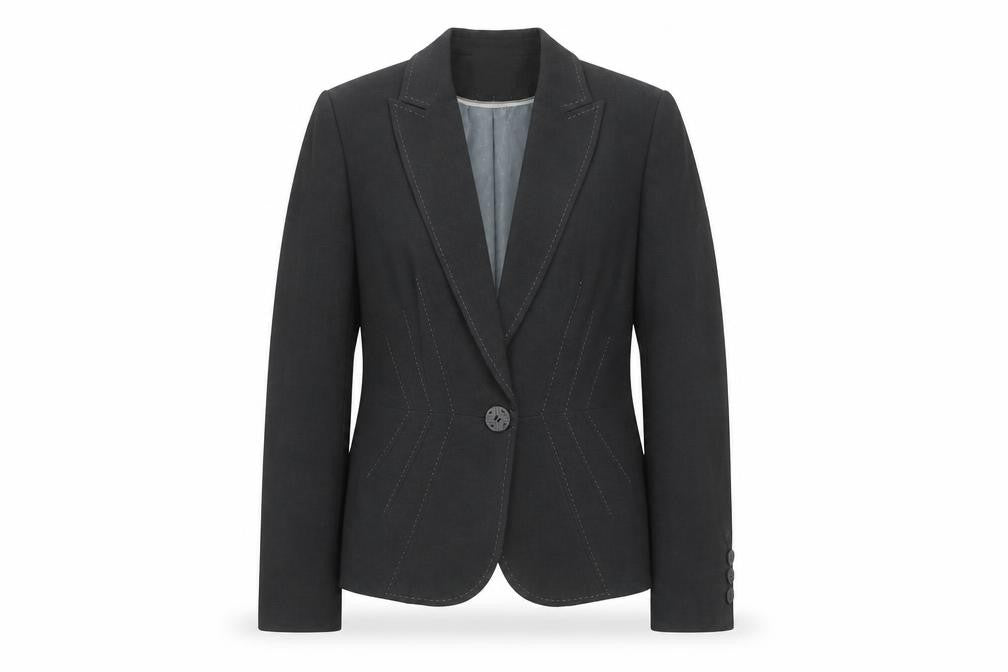 Front view of Marks & Spencer women’s grey polyester jacket blazer, size UK 12, - stitch detail