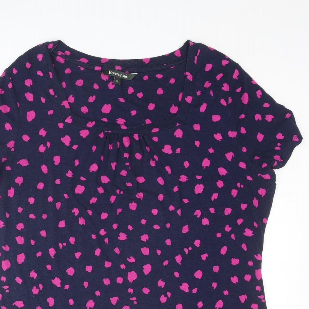 Bonmarché Womens Blue Geometric Viscose Basic T-Shirt Size 16 Square Neck