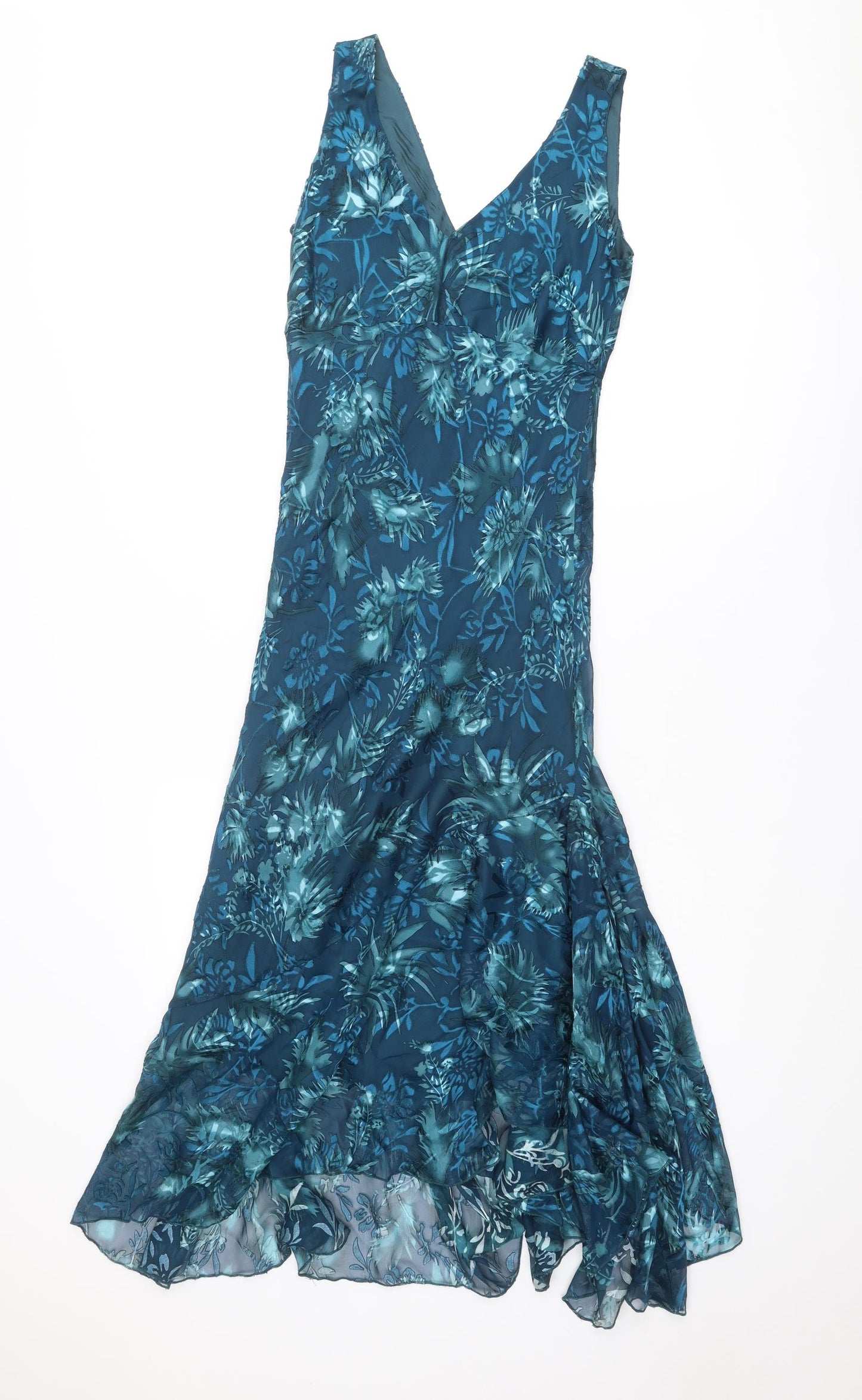 Wallis Womens Blue Floral Silk Ball Gown Size 12 V-Neck Pullover