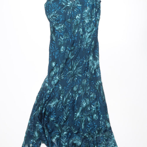 Wallis Womens Blue Floral Silk Ball Gown Size 12 V-Neck Pullover