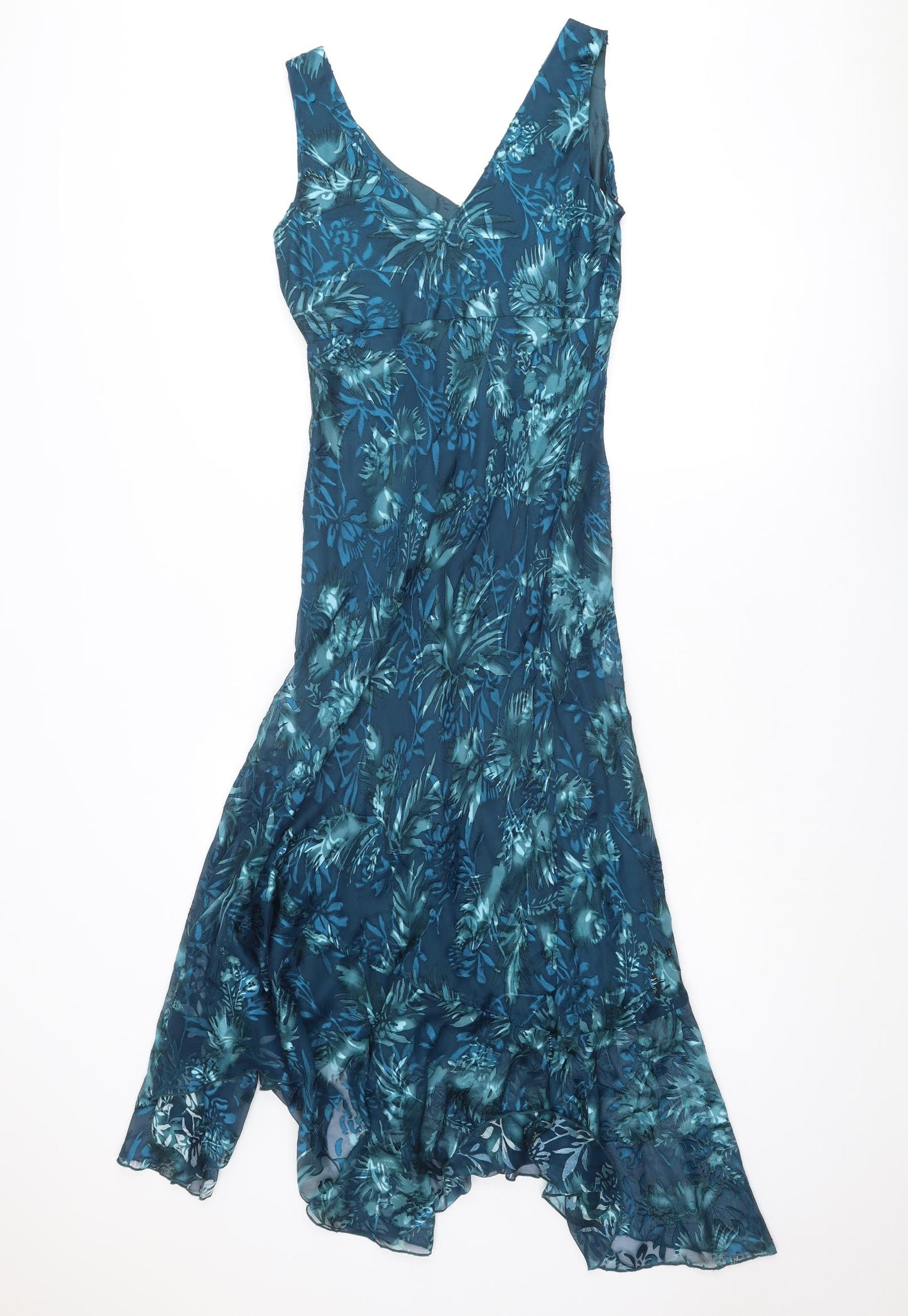 Wallis Womens Blue Floral Silk Ball Gown Size 12 V-Neck Pullover