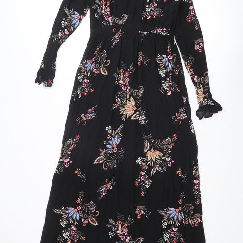 Stradivarius Womens Black Floral Polyester Maxi Size M Mock Neck Button