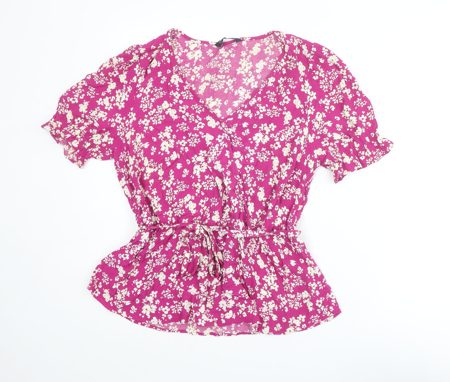 Marks and Spencer Womens Purple Floral Viscose Basic Blouse Size 12 V-Neck - Peplum