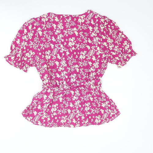 Marks and Spencer Womens Purple Floral Viscose Basic Blouse Size 12 V-Neck - Peplum