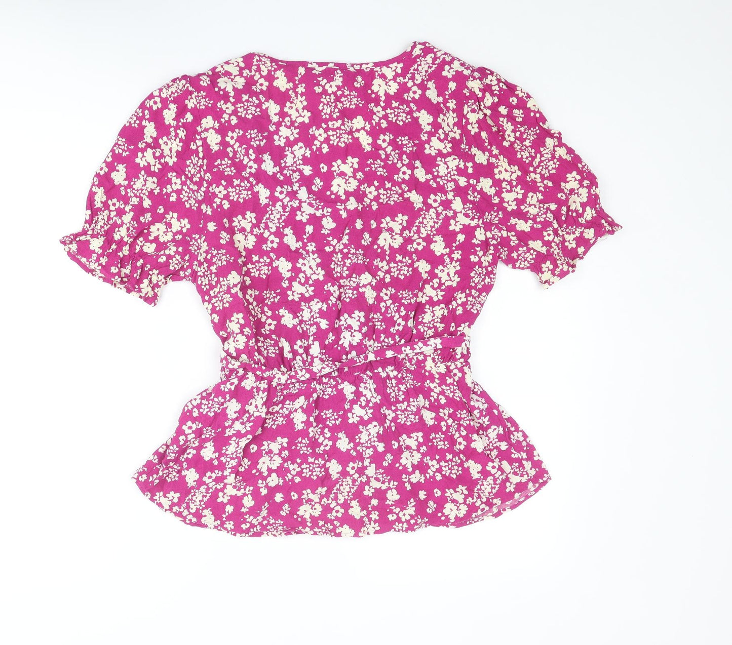 Marks and Spencer Womens Purple Floral Viscose Basic Blouse Size 12 V-Neck - Peplum