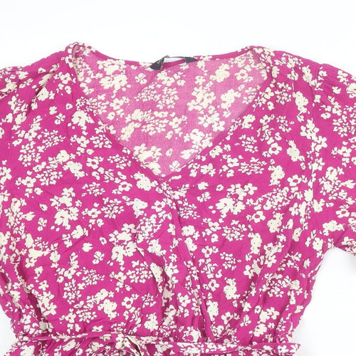 Marks and Spencer Womens Purple Floral Viscose Basic Blouse Size 12 V-Neck - Peplum