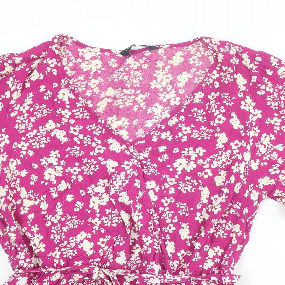 Marks and Spencer Womens Purple Floral Viscose Basic Blouse Size 12 V-Neck - Peplum
