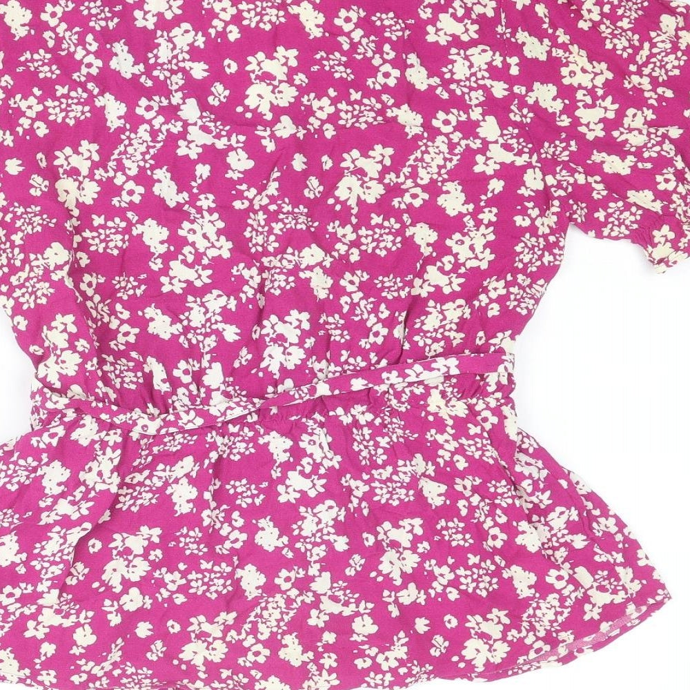 Marks and Spencer Womens Purple Floral Viscose Basic Blouse Size 12 V-Neck - Peplum