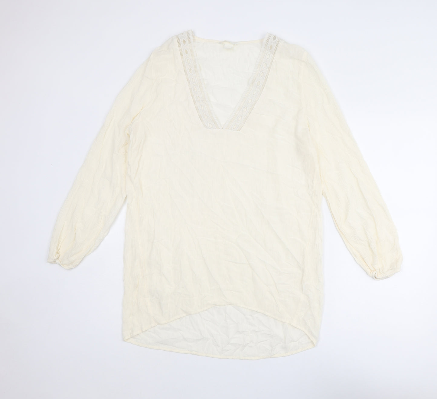 H&M Womens Ivory Polyester Tunic Blouse Size 10 V-Neck - Crocheted Lace Detail