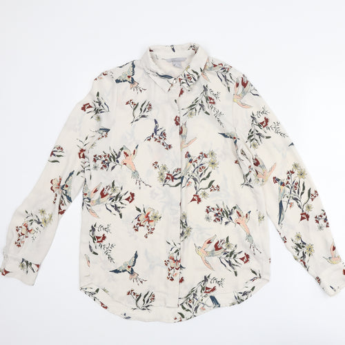 H&M Womens Ivory Floral Polyester Basic Button-Up Size 6 Collared - Bird Print