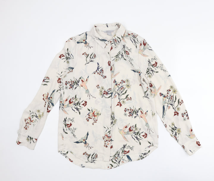 H&M Womens Ivory Floral Polyester Basic Button-Up Size 6 Collared - Bird Print