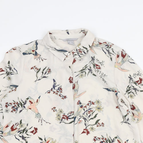 H&M Womens Ivory Floral Polyester Basic Button-Up Size 6 Collared - Bird Print