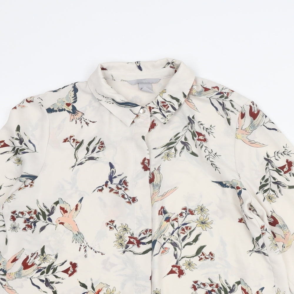 H&M Womens Ivory Floral Polyester Basic Button-Up Size 6 Collared - Bird Print