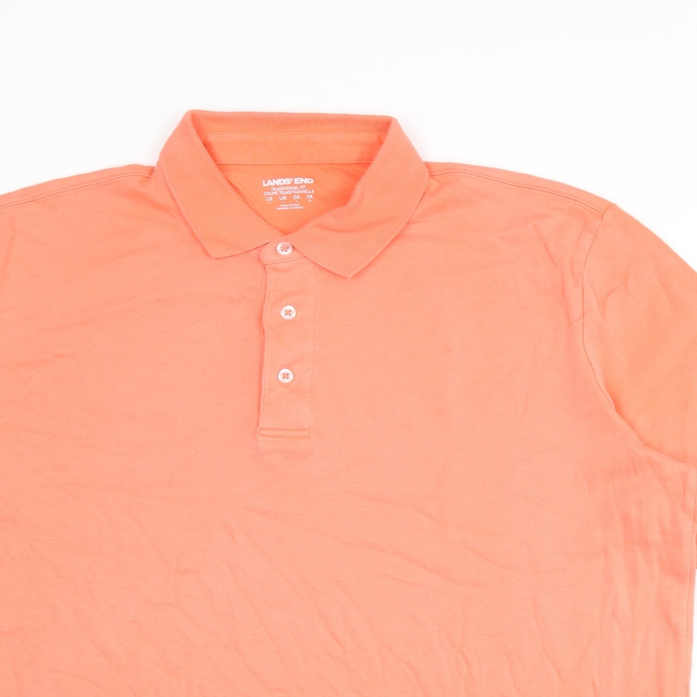 Lands' End Mens Orange Cotton Polo Size L Collared Button