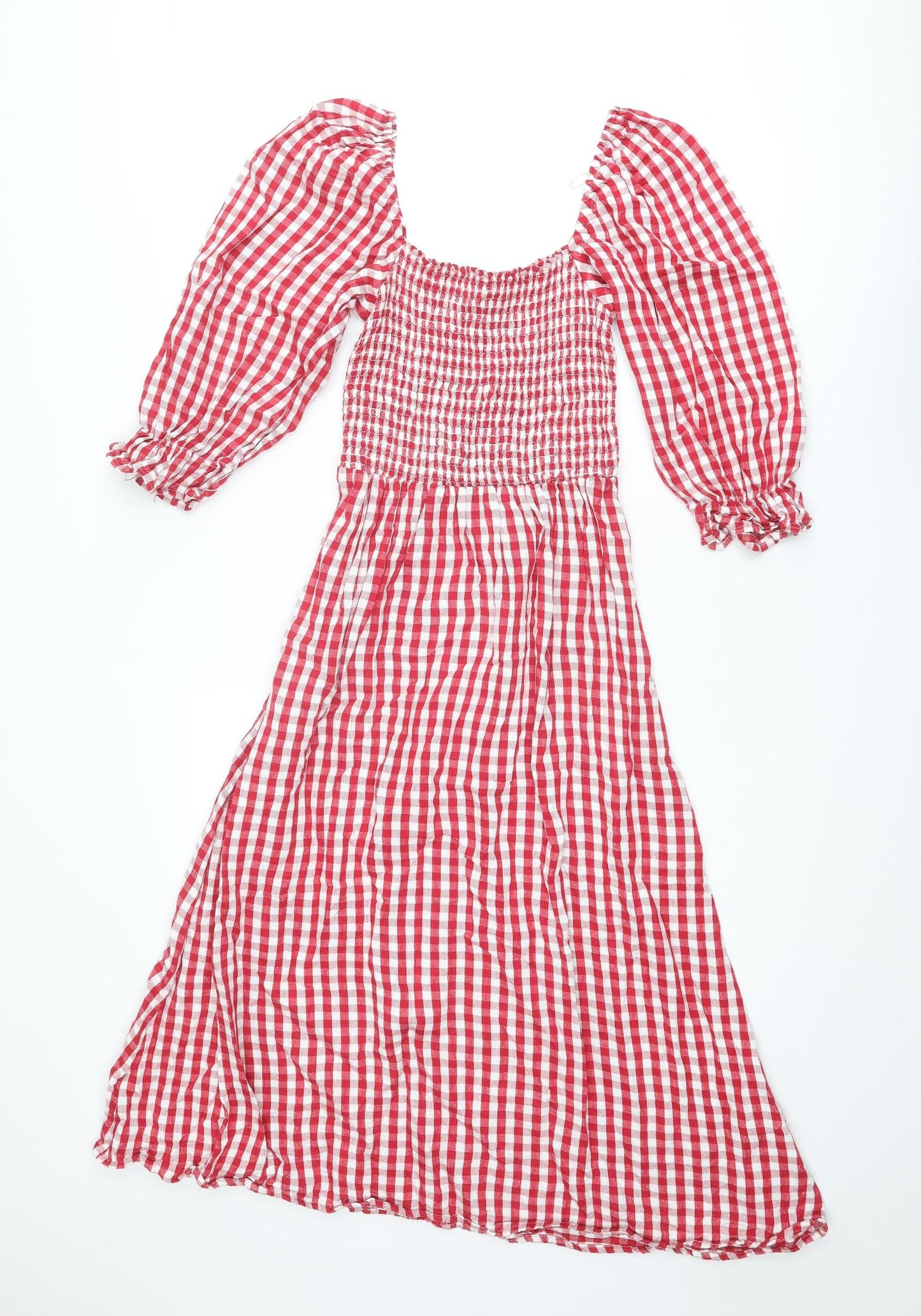 New Look Womens Red Check Cotton A-Line Size 4 Square Neck Pullover - Shirred Top