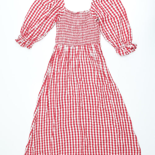 New Look Womens Red Check Cotton A-Line Size 4 Square Neck Pullover - Shirred Top