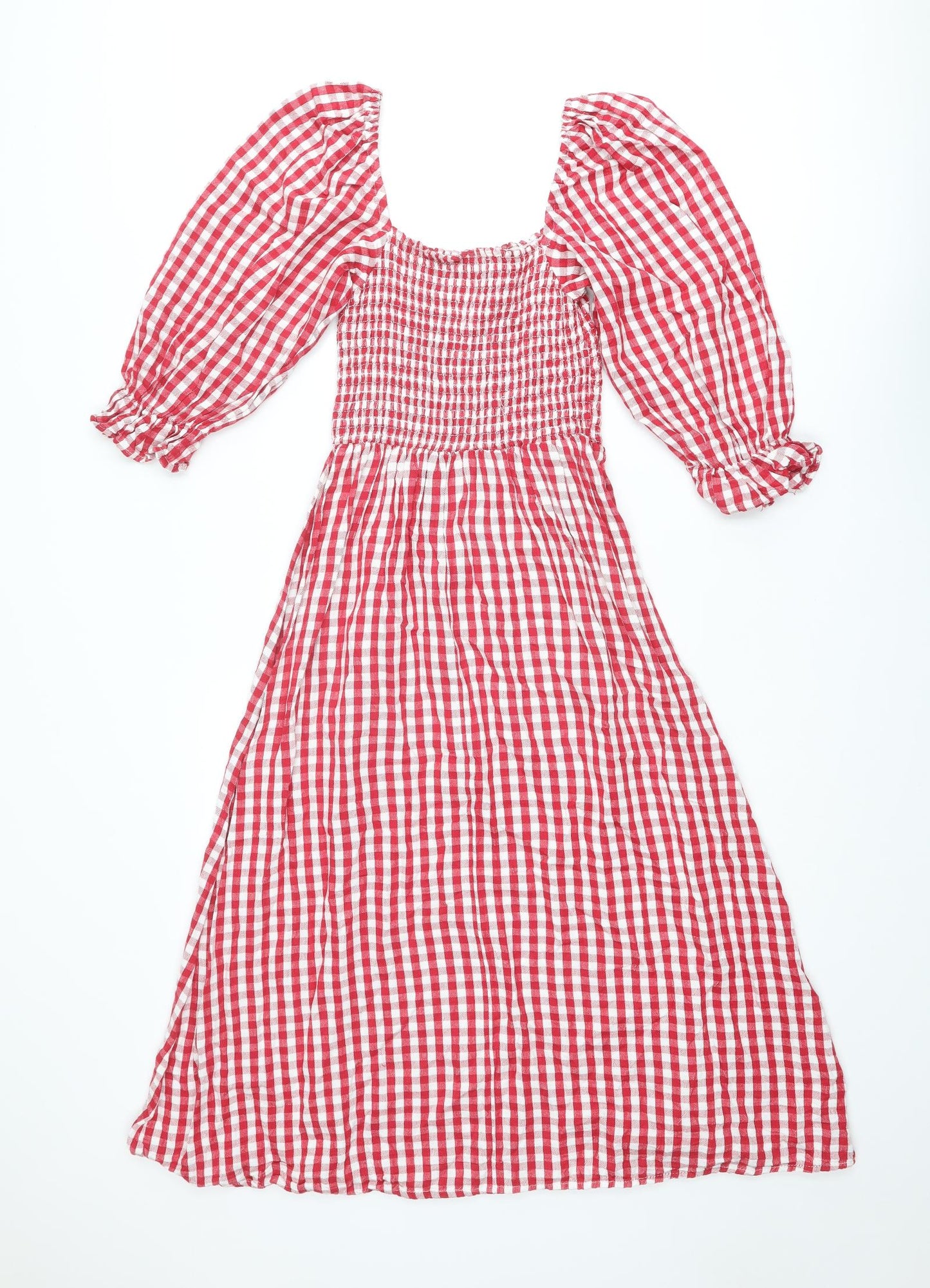 New Look Womens Red Check Cotton A-Line Size 4 Square Neck Pullover - Shirred Top