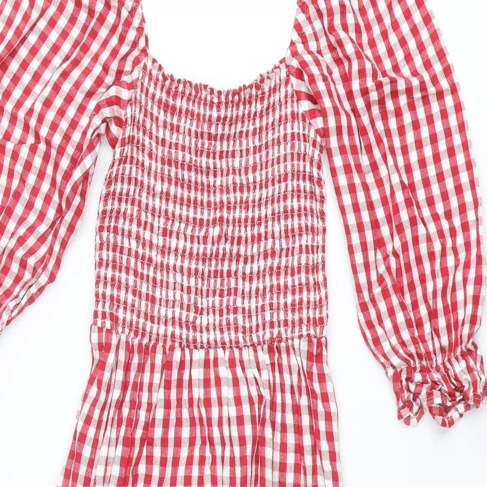 New Look Womens Red Check Cotton A-Line Size 4 Square Neck Pullover - Shirred Top