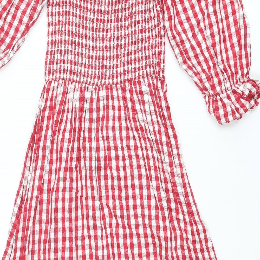 New Look Womens Red Check Cotton A-Line Size 4 Square Neck Pullover - Shirred Top