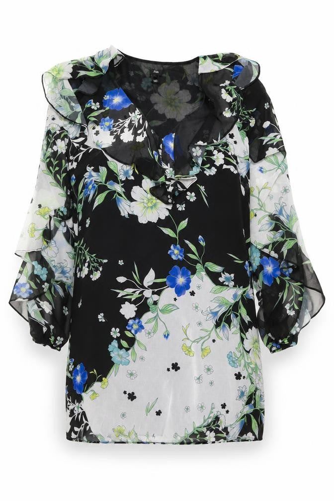 Front view of River Island women’s multicoloured floral polyester shift, size UK 12, v-neck pullover
