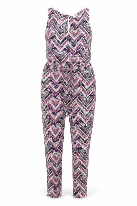 Front view of Monsoon women’s multicoloured geometric viscose jumpsuit one-piece, size UK 12, 28-inch leg button