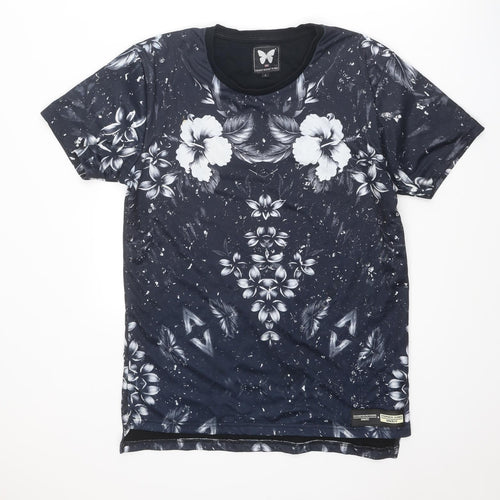 Good For Nothing Mens Black Floral Polyester T-Shirt Size L Crew Neck
