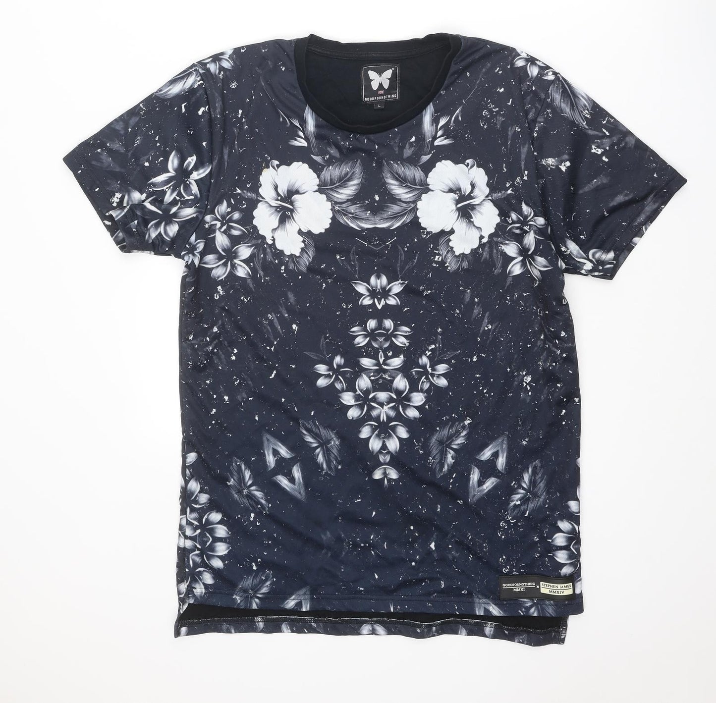 Good For Nothing Mens Black Floral Polyester T-Shirt Size L Crew Neck