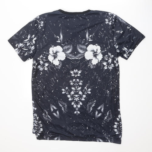 Good For Nothing Mens Black Floral Polyester T-Shirt Size L Crew Neck