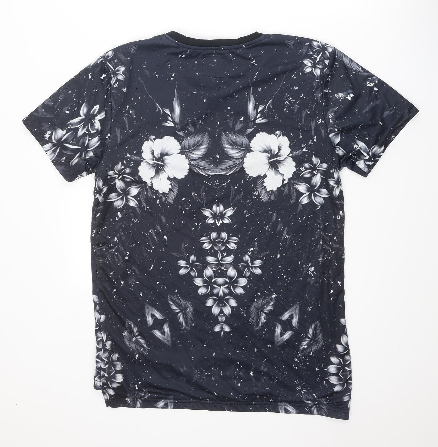 Good For Nothing Mens Black Floral Polyester T-Shirt Size L Crew Neck