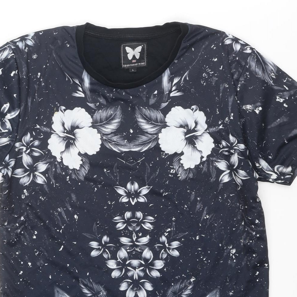 Good For Nothing Mens Black Floral Polyester T-Shirt Size L Crew Neck