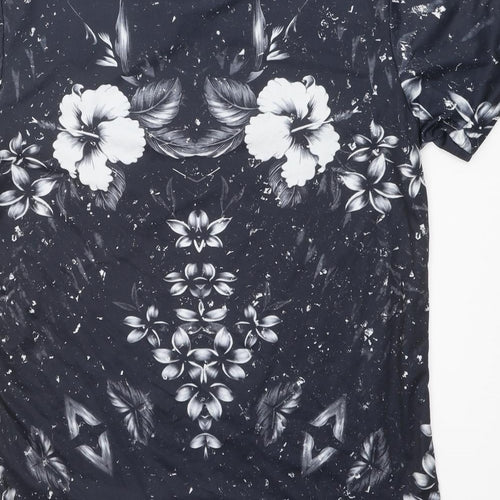 Good For Nothing Mens Black Floral Polyester T-Shirt Size L Crew Neck